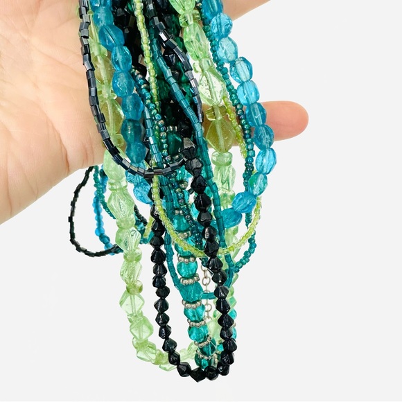 Multi-Strand Beaded Necklace with Glass and Metallic beads Boho Green Blue - Picture 5 of 7
